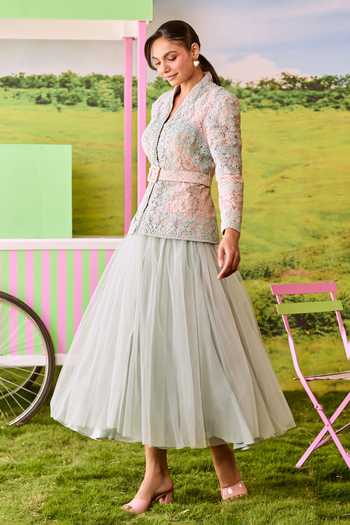 Parul And Preyanka Emily Lace Jacket & Midi Skirt Set 