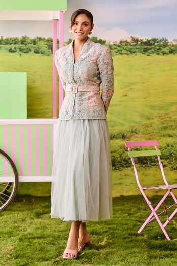 Shop_Parul And Preyanka_Blue Net, Lace V-neck Emily Jacket And Midi Skirt Set _Online_at_Aza_Fashions