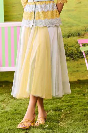 Parul And Preyanka_Yellow Lace, Net Xoxo Striped Jacket And Skirt Set _Online_at_Aza_Fashions