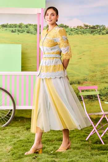 Buy_Parul And Preyanka_Yellow Lace, Net Xoxo Striped Jacket And Skirt Set _Online_at_Aza_Fashions