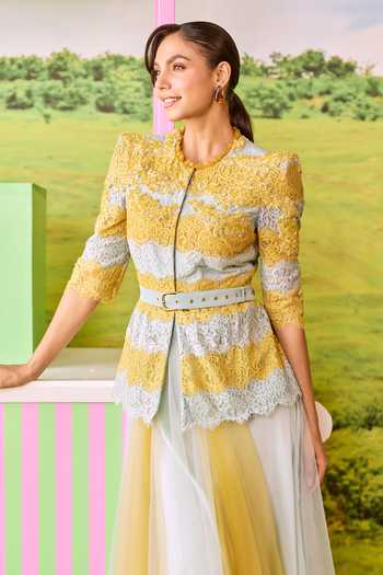 Shop_Parul And Preyanka_Yellow Lace, Net Xoxo Striped Jacket And Skirt Set _Online_at_Aza_Fashions
