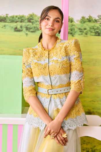Parul And Preyanka_Yellow Lace, Net Xoxo Striped Jacket And Skirt Set _at_Aza_Fashions
