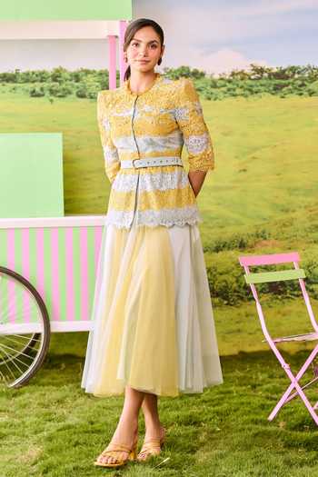 Parul And Preyanka Xoxo Striped Lace Jacket & Skirt Set 
