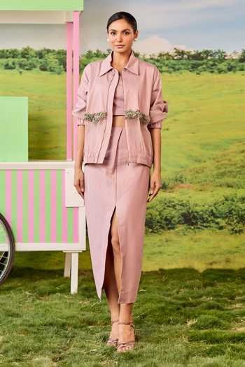 Parul And Preyanka_Pink Silk, Cotton, Organza Collared Neck Rosewood Bomber Jacket _Online_at_Aza_Fashions