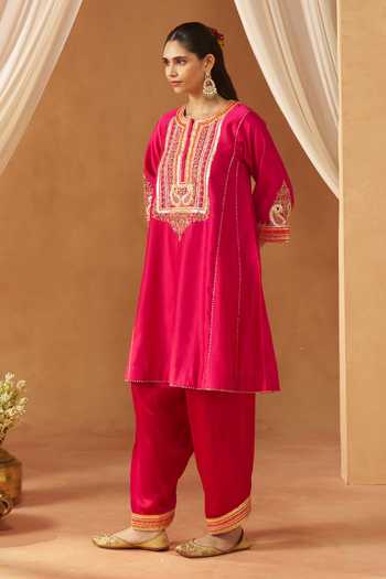 Sheetal Batra Pink Silk, Chanderi, Satin, Bemberg Round Neck Daneen Hot Choga With Salwar Online at Aza Fashions Sheetal Batra_Pink Silk, Chanderi, Satin, Bemberg Round Neck Daneen Hot Choga With Salwar _Online_at_Aza_Fashions