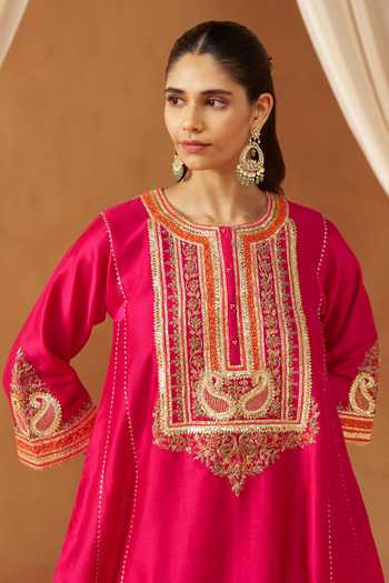 Buy Sheetal Batra Pink Silk, Chanderi, Satin, Bemberg Round Neck Daneen Hot Choga With Salwar Online at Aza Fashions Buy_Sheetal Batra_Pink Silk, Chanderi, Satin, Bemberg Round Neck Daneen Hot Choga With Salwar _Online_at_Aza_Fashions