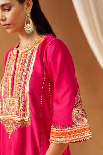 Shop Sheetal Batra Pink Silk, Chanderi, Satin, Bemberg Round Neck Daneen Hot Choga With Salwar Online at Aza Fashions Shop_Sheetal Batra_Pink Silk, Chanderi, Satin, Bemberg Round Neck Daneen Hot Choga With Salwar _Online_at_Aza_Fashions