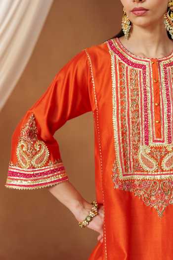 Sheetal Batra Orange Round Neck Daneen Burnt Choga With Salwar Online at Aza Fashions Sheetal Batra_Orange Round Neck Daneen Burnt Choga With Salwar _Online_at_Aza_Fashions