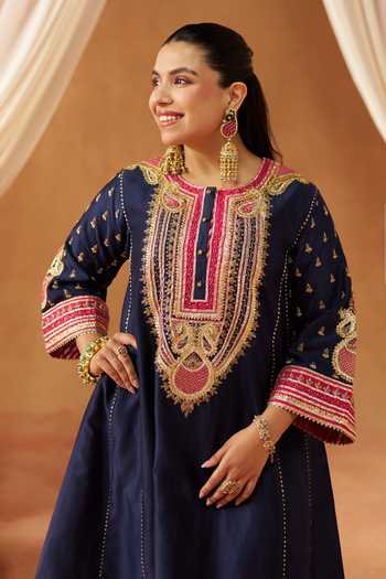 Shop Sheetal Batra Blue Round Neck, Yes Riva Deep Choga With Salwar Set Online at Aza Fashions Shop_Sheetal Batra_Blue Round Neck, Yes Riva Deep Choga With Salwar Set _Online_at_Aza_Fashions