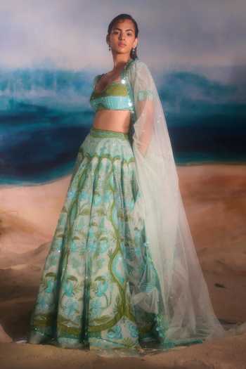 Buy_Tuhina Srivastava_Blue , Organza, Velvet, Tulle, Raw Toucan Tropical Motif Lehenga Set _Online_at_Aza_Fashions