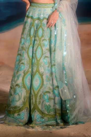 Shop_Tuhina Srivastava_Blue , Organza, Velvet, Tulle, Raw Toucan Tropical Motif Lehenga Set _Online_at_Aza_Fashions