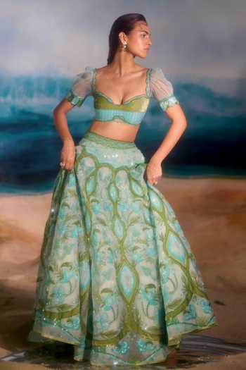 Tuhina Srivastava_Blue , Organza, Velvet, Tulle, Raw Toucan Tropical Motif Lehenga Set _at_Aza_Fashions