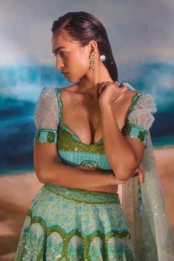 Buy_Tuhina Srivastava_Blue , Organza, Velvet, Tulle, Raw Toucan Tropical Motif Lehenga Set 
