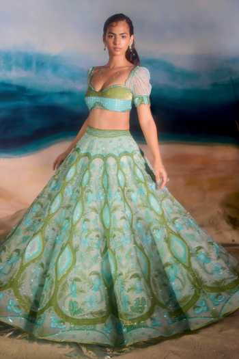 Shop_Tuhina Srivastava_Blue , Organza, Velvet, Tulle, Raw Toucan Tropical Motif Lehenga Set 