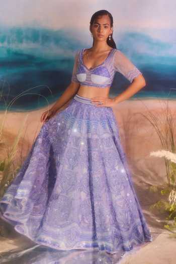 Shop_Tuhina Srivastava_Blue , Organza, Velvet, Tulle, Raw Seahorse Motifs Lehenga Set _Online_at_Aza_Fashions