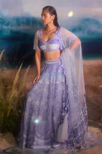 Tuhina Srivastava_Blue , Organza, Velvet, Tulle, Raw Seahorse Motifs Lehenga Set _at_Aza_Fashions