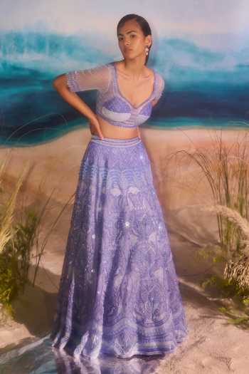Buy_Tuhina Srivastava_Blue , Organza, Velvet, Tulle, Raw Seahorse Motifs Lehenga Set 
