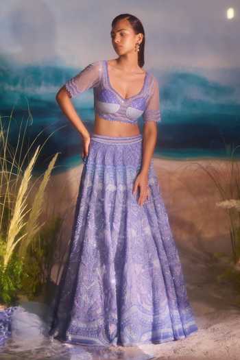 Shop_Tuhina Srivastava_Blue , Organza, Velvet, Tulle, Raw Seahorse Motifs Lehenga Set 