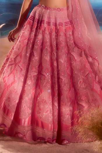 Buy_Tuhina Srivastava_Pink Silk, Organza, Velvet, Tulle Sweetheart Parakeet Embroidered Lehenga Set _Online_at_Aza_Fashions