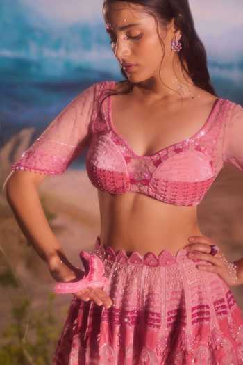 Shop_Tuhina Srivastava_Pink Silk, Organza, Velvet, Tulle Sweetheart Parakeet Embroidered Lehenga Set _Online_at_Aza_Fashions