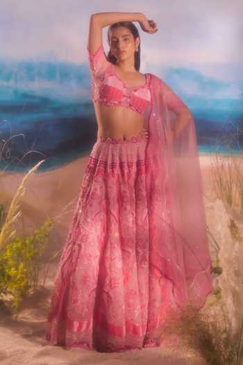 Tuhina Srivastava_Pink Silk, Organza, Velvet, Tulle Sweetheart Parakeet Embroidered Lehenga Set _at_Aza_Fashions