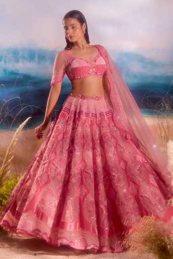 Buy_Tuhina Srivastava_Pink Silk, Organza, Velvet, Tulle Sweetheart Parakeet Embroidered Lehenga Set 