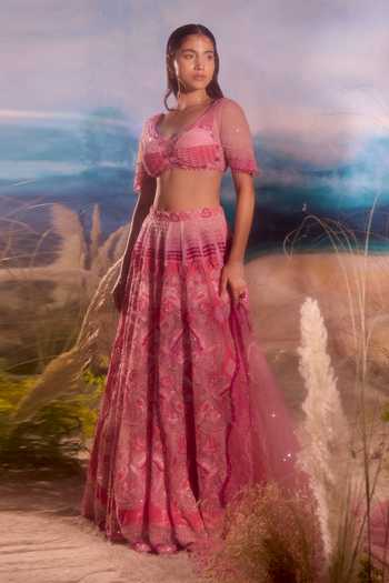 Shop_Tuhina Srivastava_Pink Silk, Organza, Velvet, Tulle Sweetheart Parakeet Embroidered Lehenga Set 