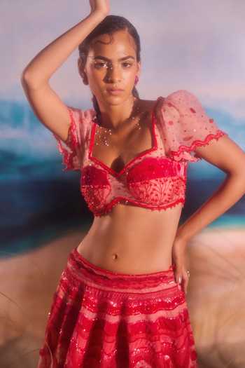 Buy_Tuhina Srivastava_Red Silk, Organza, Velvet, Tulle Sweetheart Neck Humbird Embroidered Lehenga Set _Online_at_Aza_Fashions