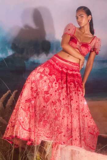 Shop_Tuhina Srivastava_Red Silk, Organza, Velvet, Tulle Sweetheart Neck Humbird Embroidered Lehenga Set _Online_at_Aza_Fashions