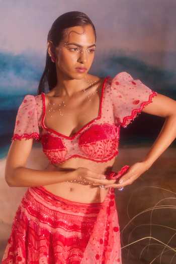 Tuhina Srivastava_Red Silk, Organza, Velvet, Tulle Sweetheart Neck Humbird Embroidered Lehenga Set _at_Aza_Fashions