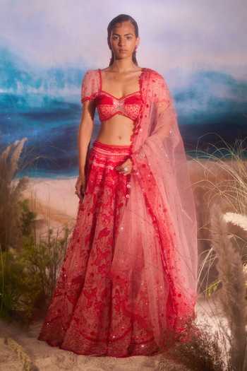 Buy_Tuhina Srivastava_Red Silk, Organza, Velvet, Tulle Sweetheart Neck Humbird Embroidered Lehenga Set 