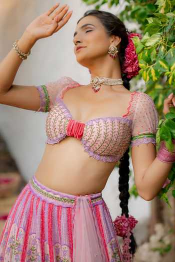 Shop Tuhina Srivastava Pink , Organza, Velvet, Tulle, Raw Koyal Floral Embroidered Lehenga Set Online at Aza Fashions Shop_Tuhina Srivastava_Pink , Organza, Velvet, Tulle, Raw Koyal Floral Embroidered Lehenga Set _Online_at_Aza_Fashions