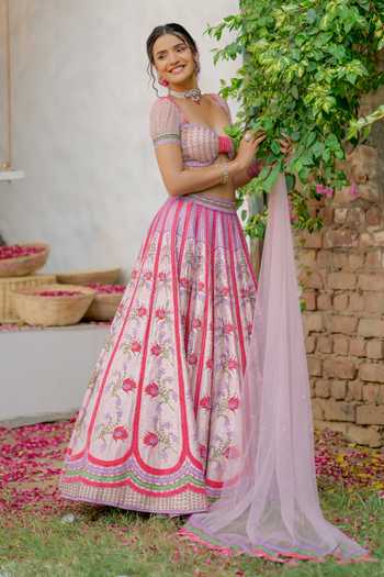 Tuhina Srivastava Pink , Organza, Velvet, Tulle, Raw Koyal Floral Embroidered Lehenga Set at Aza Fashions Tuhina Srivastava_Pink , Organza, Velvet, Tulle, Raw Koyal Floral Embroidered Lehenga Set _at_Aza_Fashions
