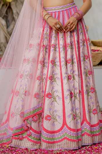 Buy Tuhina Srivastava Pink , Organza, Velvet, Tulle, Raw Koyal Floral Embroidered Lehenga Set Buy_Tuhina Srivastava_Pink , Organza, Velvet, Tulle, Raw Koyal Floral Embroidered Lehenga Set