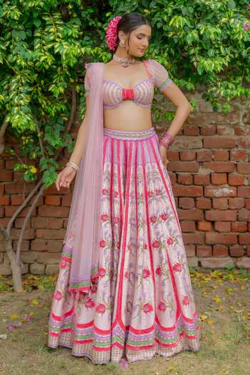 Shop Tuhina Srivastava Pink , Organza, Velvet, Tulle, Raw Koyal Floral Embroidered Lehenga Set Shop_Tuhina Srivastava_Pink , Organza, Velvet, Tulle, Raw Koyal Floral Embroidered Lehenga Set