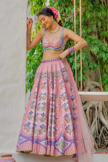 Buy Tuhina Srivastava Pink , Organza, Velvet, Tulle, Raw Mor Mirrorwork Blouse Lehenga Set Online at Aza Fashions Buy_Tuhina Srivastava_Pink , Organza, Velvet, Tulle, Raw Mor Mirrorwork Blouse Lehenga Set _Online_at_Aza_Fashions