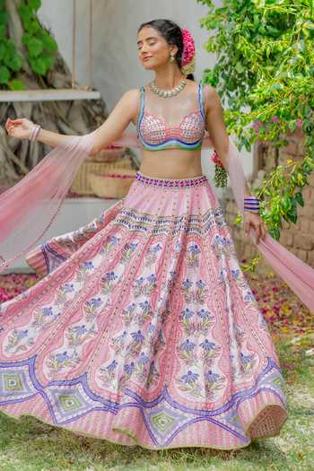 Shop Tuhina Srivastava Pink , Organza, Velvet, Tulle, Raw Mor Mirrorwork Blouse Lehenga Set Online at Aza Fashions Shop_Tuhina Srivastava_Pink , Organza, Velvet, Tulle, Raw Mor Mirrorwork Blouse Lehenga Set _Online_at_Aza_Fashions