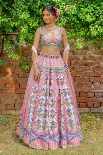 Tuhina Srivastava Pink , Organza, Velvet, Tulle, Raw Mor Mirrorwork Blouse Lehenga Set at Aza Fashions Tuhina Srivastava_Pink , Organza, Velvet, Tulle, Raw Mor Mirrorwork Blouse Lehenga Set _at_Aza_Fashions