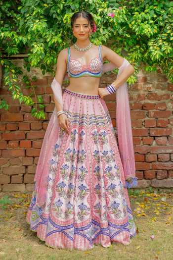 Buy Tuhina Srivastava Pink , Organza, Velvet, Tulle, Raw Mor Mirrorwork Blouse Lehenga Set Buy_Tuhina Srivastava_Pink , Organza, Velvet, Tulle, Raw Mor Mirrorwork Blouse Lehenga Set