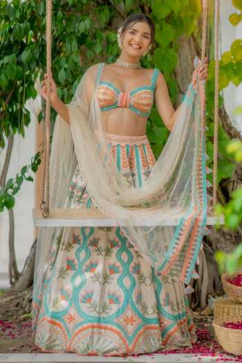 Tuhina Srivastava Multi Color Silk, Organza, Velvet, Raw Silk, Neel Kanth Embroidered Lehenga Set at Aza Fashions Tuhina Srivastava_Multi Color Silk, Organza, Velvet, Raw Silk, Neel Kanth Embroidered Lehenga Set _at_Aza_Fashions