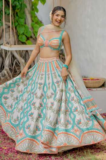 Buy Tuhina Srivastava Multi Color Silk, Organza, Velvet, Raw Silk, Neel Kanth Embroidered Lehenga Set Buy_Tuhina Srivastava_Multi Color Silk, Organza, Velvet, Raw Silk, Neel Kanth Embroidered Lehenga Set