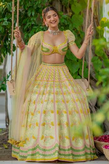 Shop Tuhina Srivastava Yellow Silk, Organza, Velvet, Tulle Sweetheart Bulbul Mirrorwork Lehenga Set Online at Aza Fashions Shop_Tuhina Srivastava_Yellow Silk, Organza, Velvet, Tulle Sweetheart Bulbul Mirrorwork Lehenga Set _Online_at_Aza_Fashions