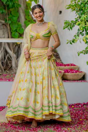 Tuhina Srivastava Yellow Silk, Organza, Velvet, Tulle Sweetheart Bulbul Mirrorwork Lehenga Set at Aza Fashions Tuhina Srivastava_Yellow Silk, Organza, Velvet, Tulle Sweetheart Bulbul Mirrorwork Lehenga Set _at_Aza_Fashions