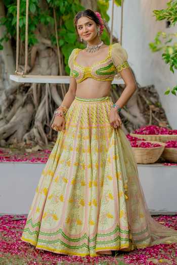 Buy Tuhina Srivastava Yellow Silk, Organza, Velvet, Tulle Sweetheart Bulbul Mirrorwork Lehenga Set Buy_Tuhina Srivastava_Yellow Silk, Organza, Velvet, Tulle Sweetheart Bulbul Mirrorwork Lehenga Set