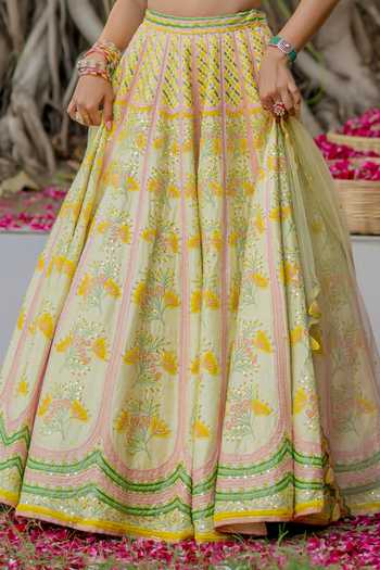 Shop Tuhina Srivastava Yellow Silk, Organza, Velvet, Tulle Sweetheart Bulbul Mirrorwork Lehenga Set Shop_Tuhina Srivastava_Yellow Silk, Organza, Velvet, Tulle Sweetheart Bulbul Mirrorwork Lehenga Set