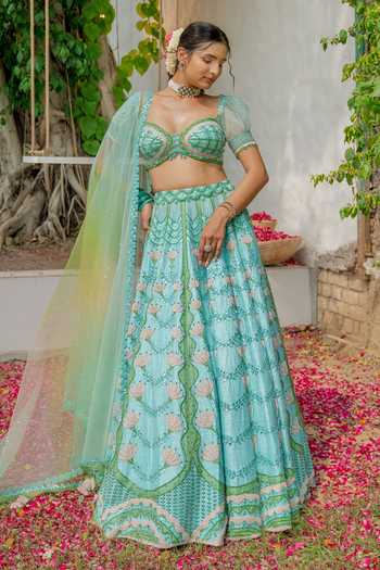Shop_Tuhina Srivastava_Blue Silk, Velvet, Organza, Raw Silk, Tulle Floral Pattern Lehenga Set _Online_at_Aza_Fashions