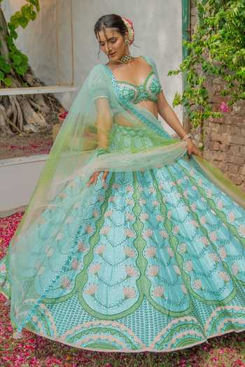 Tuhina Srivastava_Blue Silk, Velvet, Organza, Raw Silk, Tulle Floral Pattern Lehenga Set _at_Aza_Fashions