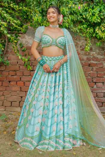 Buy_Tuhina Srivastava_Blue Silk, Velvet, Organza, Raw Silk, Tulle Floral Pattern Lehenga Set 