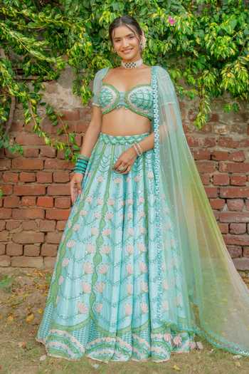 Shop_Tuhina Srivastava_Blue Silk, Velvet, Organza, Raw Silk, Tulle Floral Pattern Lehenga Set 