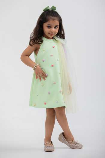 Lil Angels_Green Crepe Heart Embellished Dress _Online_at_Aza_Fashions
